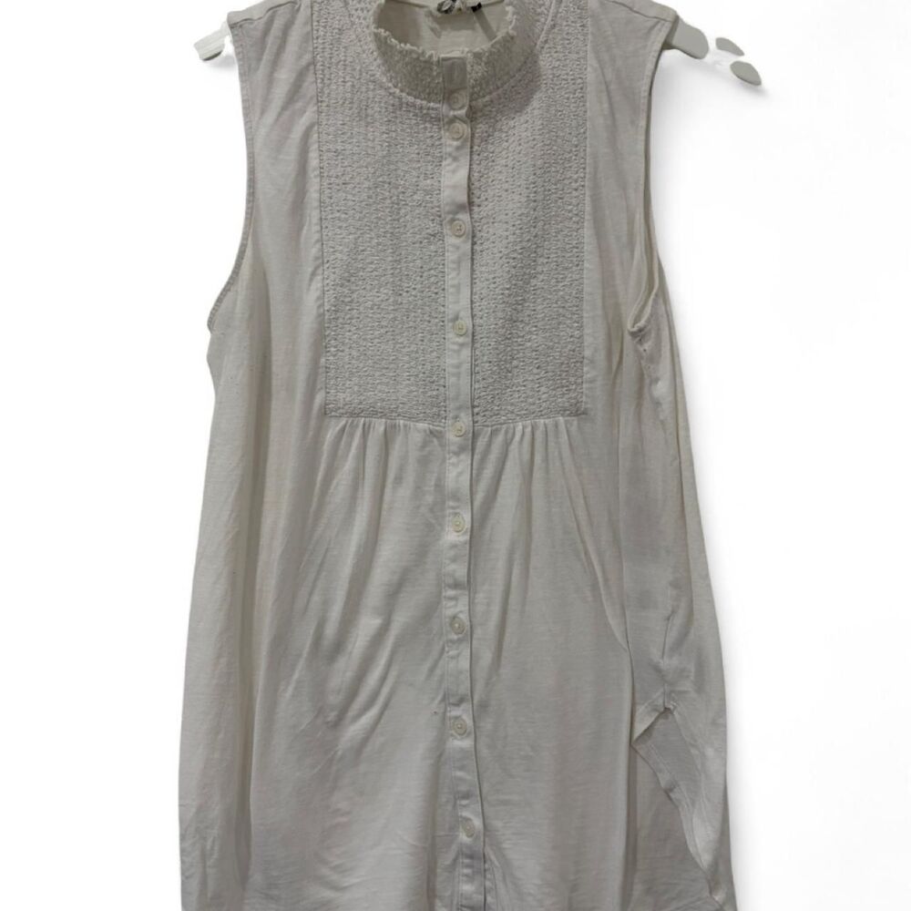 Anthropologie White Smocked Lace Button Front Tank Top Size M